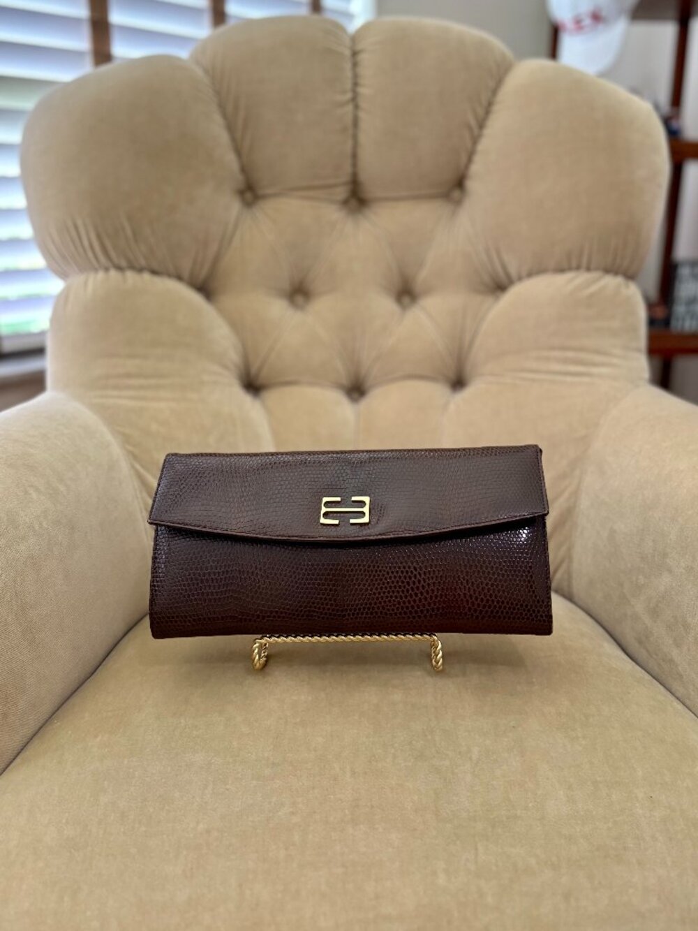 VTG Auth  BLOOMINDALES Brown Snake Embossed Leather Art Deco Clutch Bag